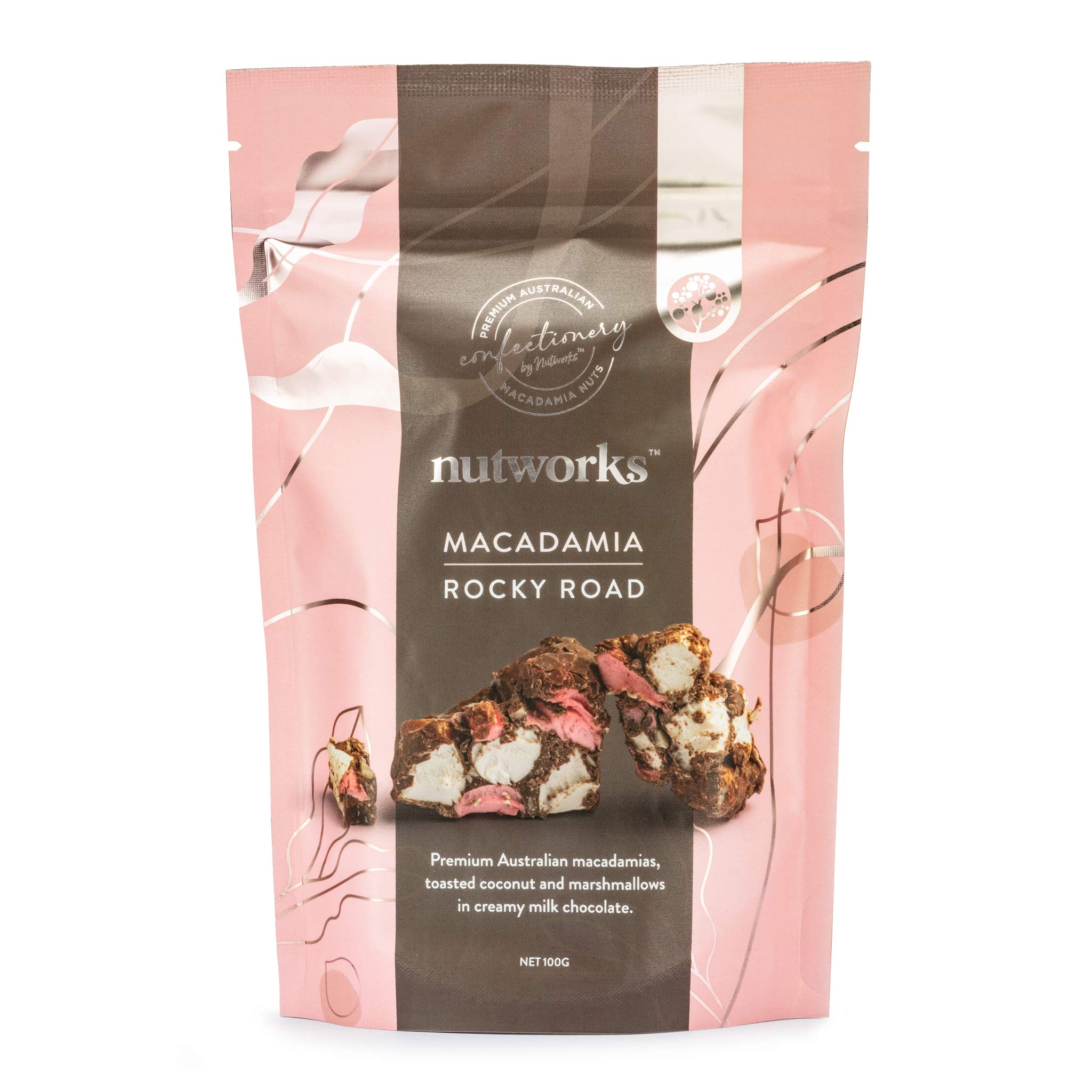 100g Packaging of Nutworks Macadamia Rocky Road, showing the product name and images of macadamias, marshmallows, and chocolate.