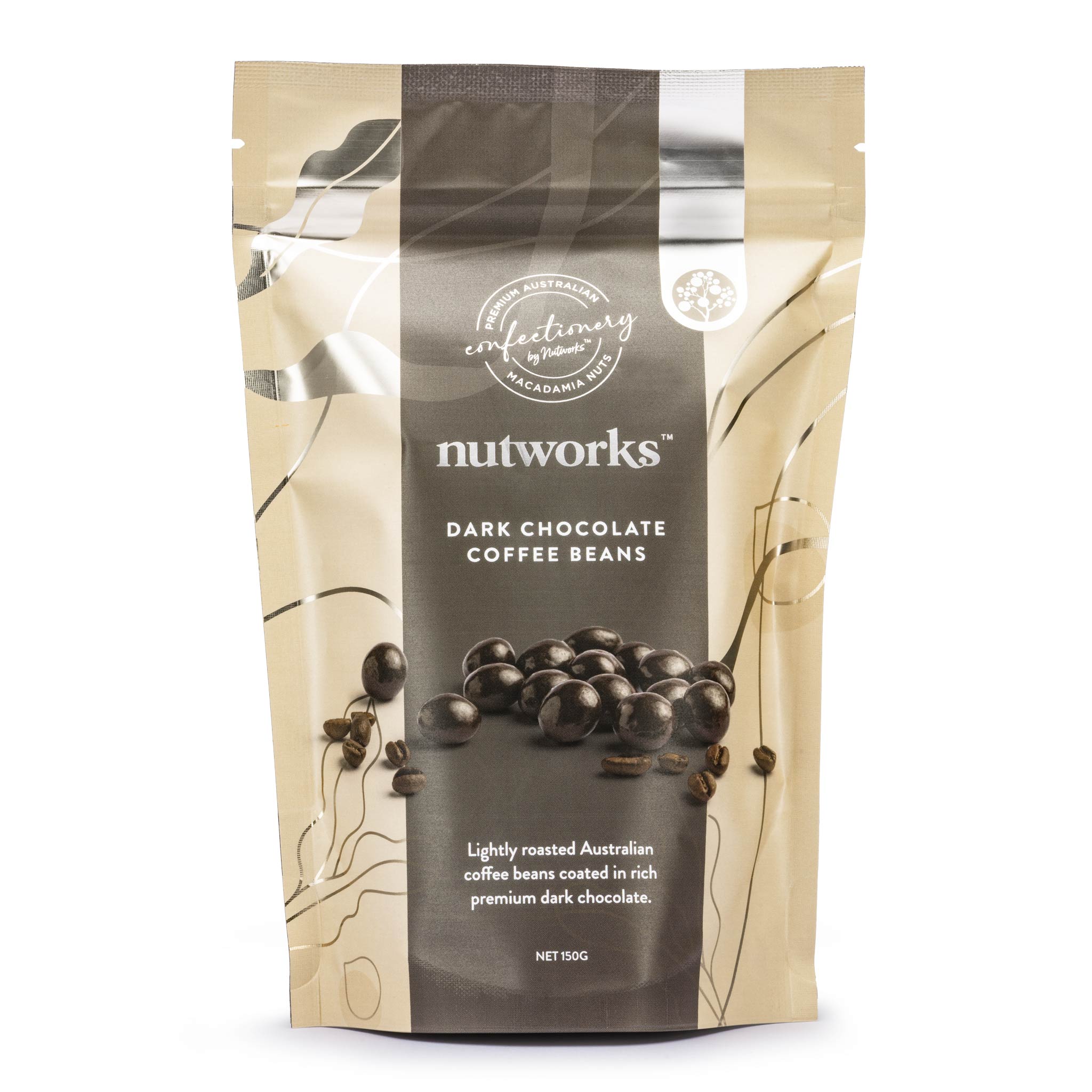 150g Packaging of Nutworks Dark Chocolate Coffee Beans showing the product name and a picture of coffee beans coated in dark chocolate.