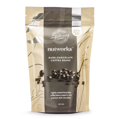 150g Packaging of Nutworks Dark Chocolate Coffee Beans showing the product name and a picture of coffee beans coated in dark chocolate.