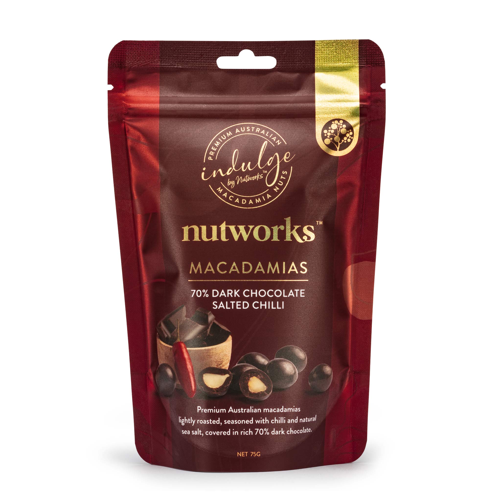 Nutworks 75g Nutworks Dark Chocolate Salted Chilli Covered Macadamia Nuts Premium Packaging Bag