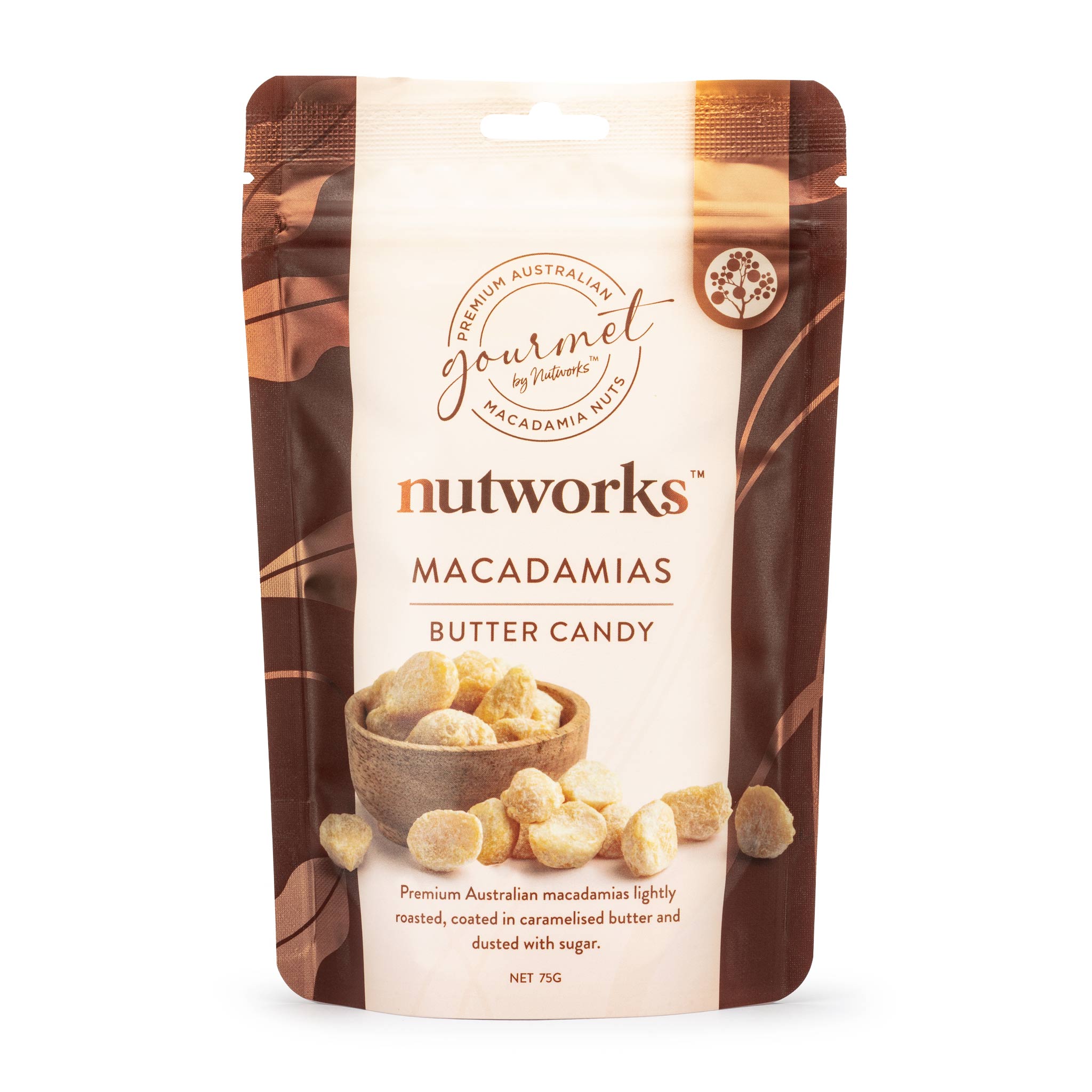 A 75g bag of Nutworks Macadamias Butter Candy, with a picture of the product and a label indicating it is made in Australia, with 100% Australian Macadamias.