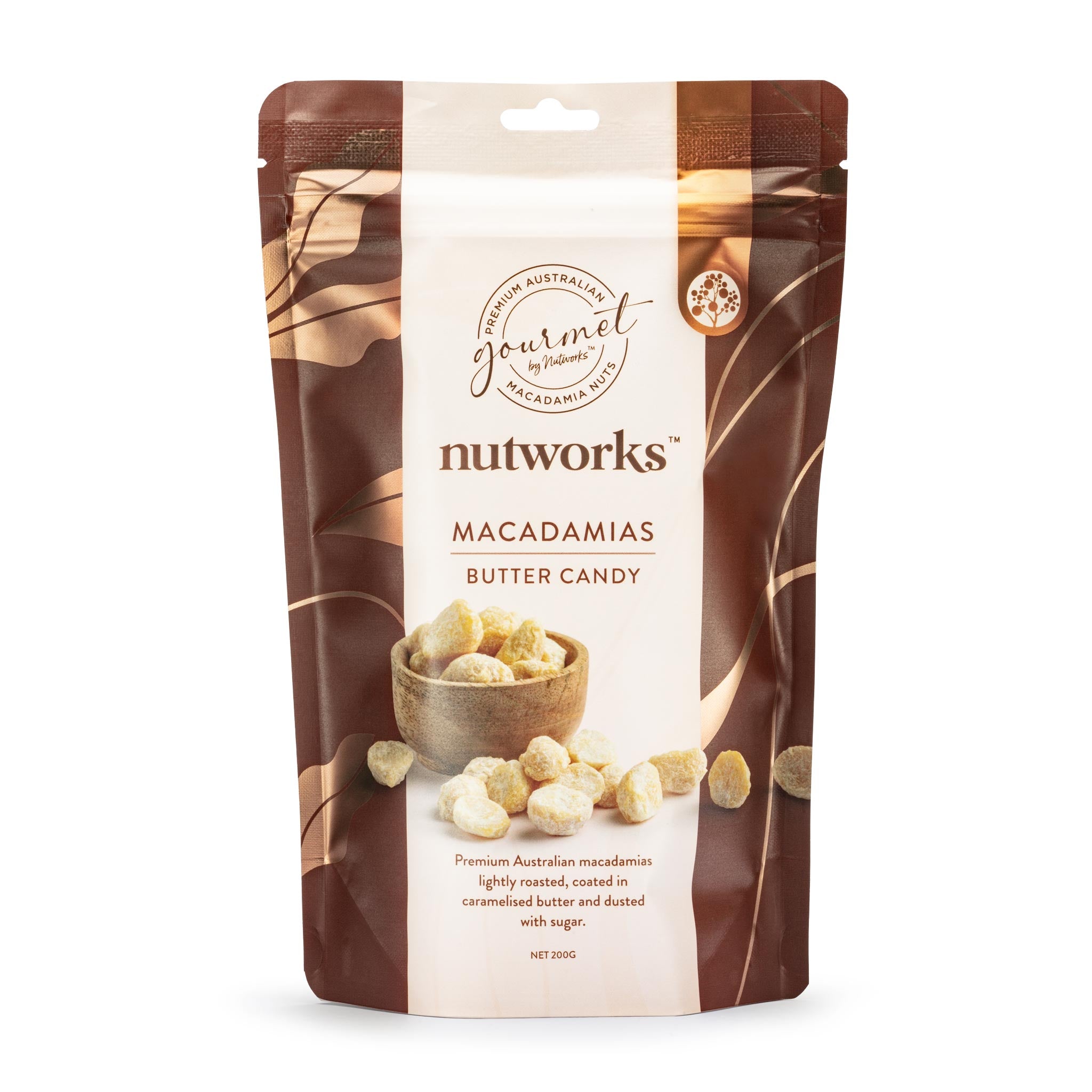 200g packaging of Nutworks Butter Candy Macadamias showing the product name and macadamia nuts in a caramelised butter coating on the front.