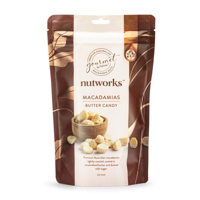 200g packaging of Nutworks Butter Candy Macadamias showing the product name and macadamia nuts in a caramelised butter coating on the front.