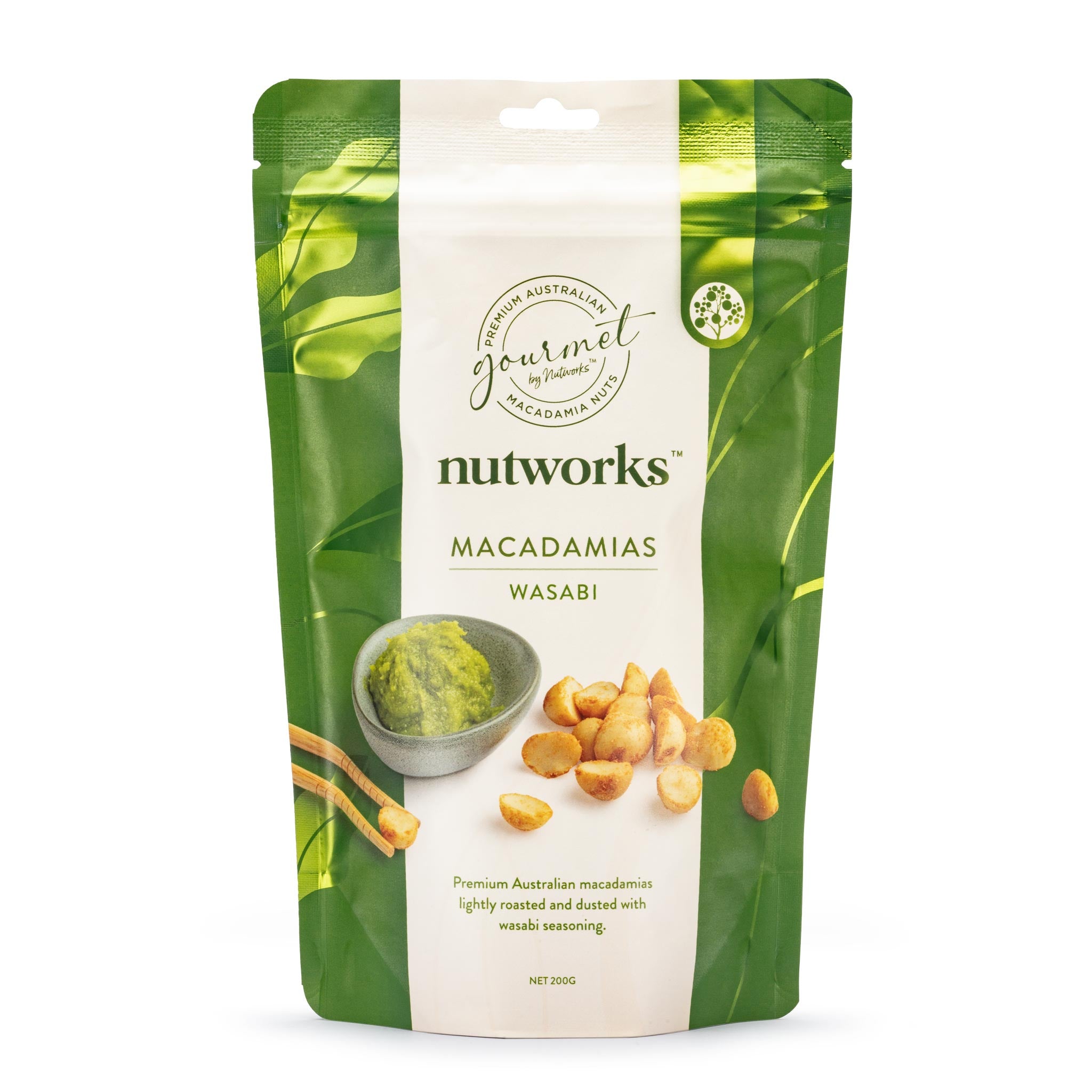 200g Packaging of Nutworks Wasabi premium Australian macadamias displaying the nuts and wasabi sauce with a green foliage background.