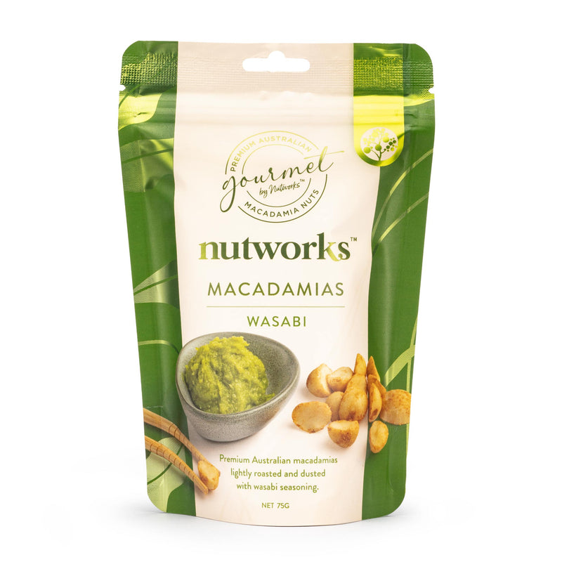 75g Packaging of Nutworks Wasabi premium Australian macadamias displaying the nuts and wasabi sauce with a green foliage background.