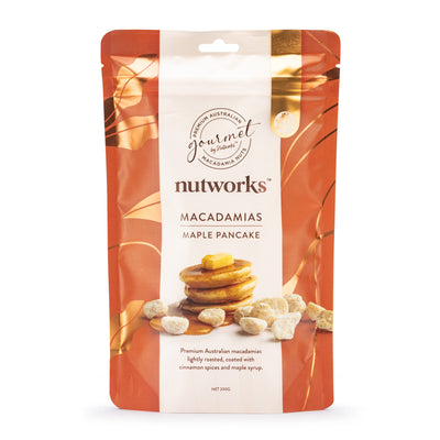 200g Packaging of Nutworks Macadamias Maple Pancake flavour. The pouch shows images of macadamia nuts and pancakes with maple syrup.