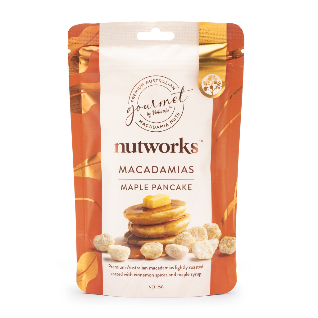 75g Packaging of Nutworks Macadamias Maple Pancake flavour. The pouch shows images of macadamia nuts and pancakes with maple syrup.