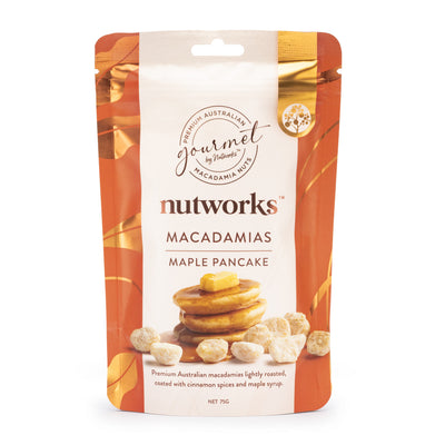 75g Packaging of Nutworks Macadamias Maple Pancake flavour. The pouch shows images of macadamia nuts and pancakes with maple syrup.