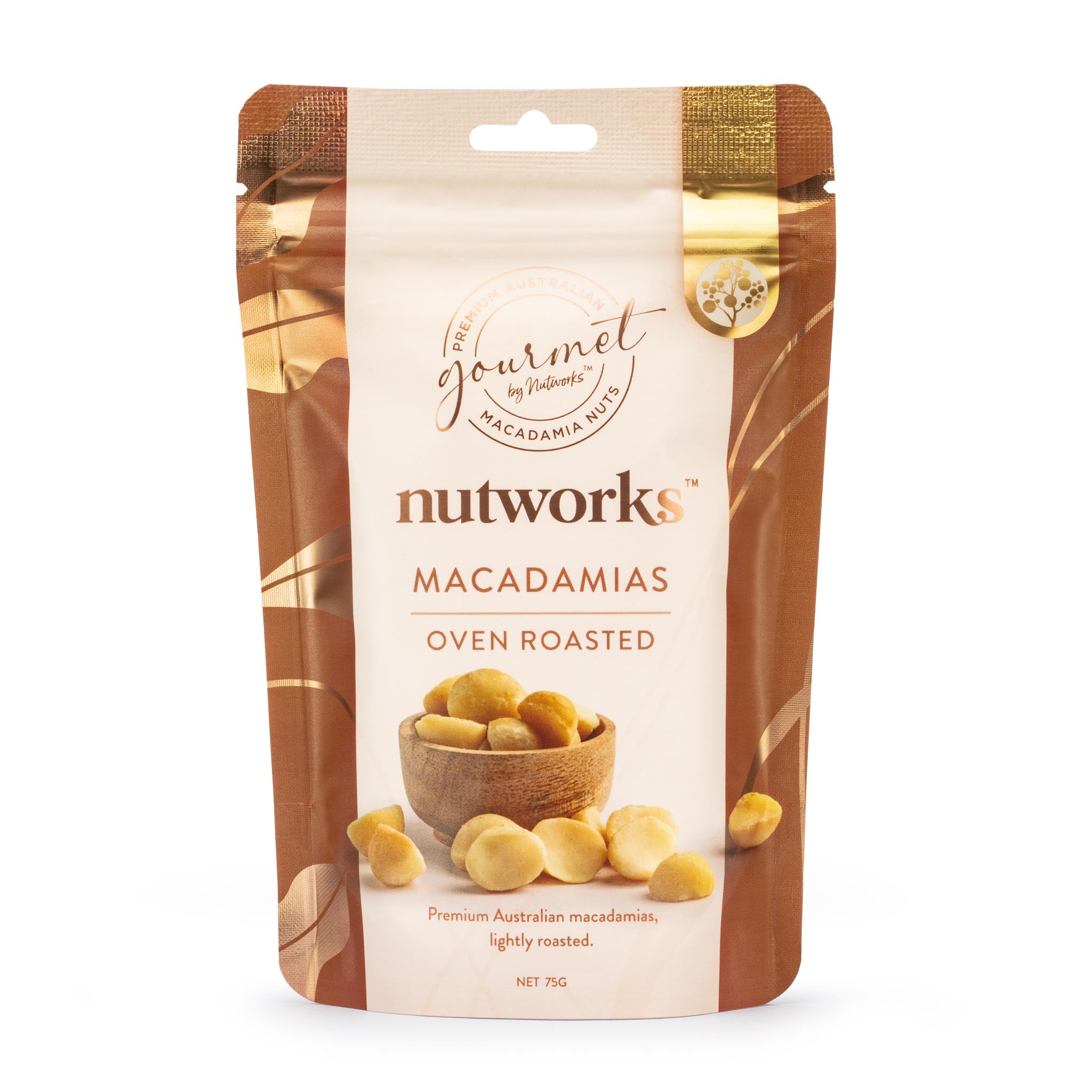 75g Packaging of Nutworks brand Oven Roasted Macadamias. The package is predominantly brown and white, with images of macadamia nuts and a brand logo.