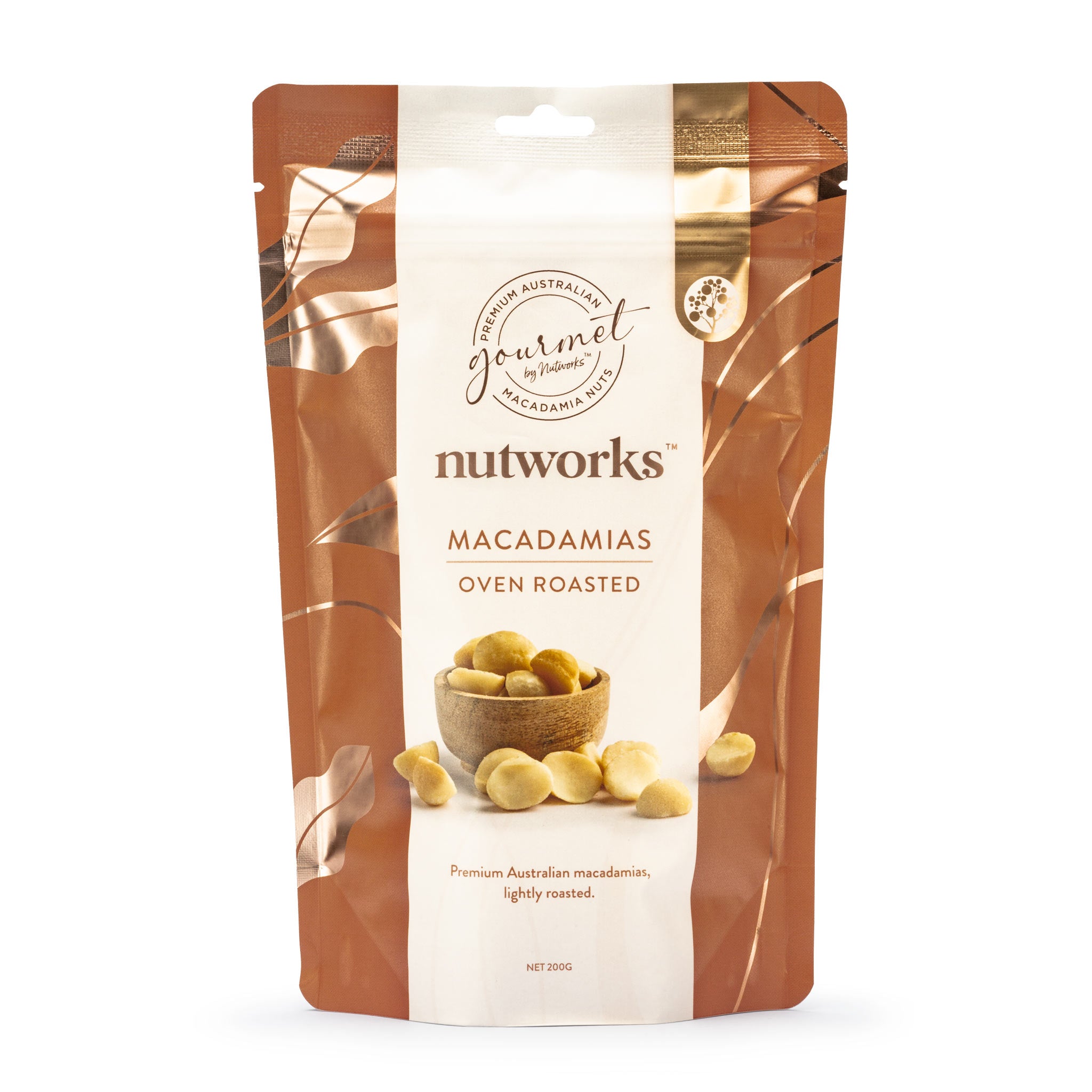 200g Packaging of Nutworks brand Oven Roasted Macadamias. The package is predominantly brown and white, with images of macadamia nuts and a brand logo.
