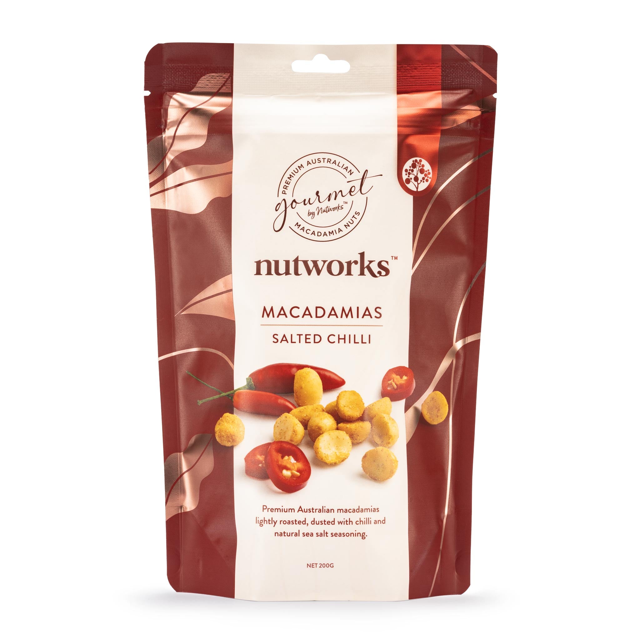 200g Packaging of Nutworks Salted Chilli Macadamias snack displaying the product and its name.