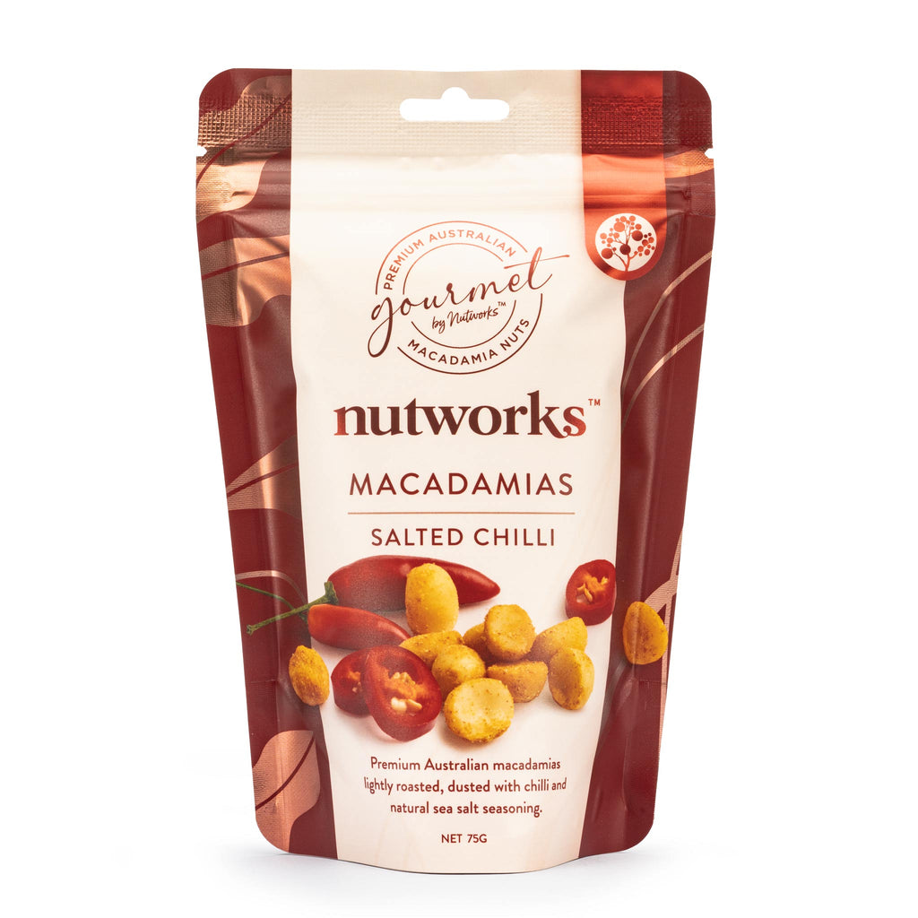 75g Packaging of Nutworks Salted Chilli Macadamias snack displaying the product and its name.