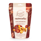 75g Packaging of Nutworks Salted Chilli Macadamias snack displaying the product and its name.