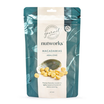 200g Packaging of Nutworks Abalone Macadamias showing the product name, a picture of macadamia nuts, and additional product details.