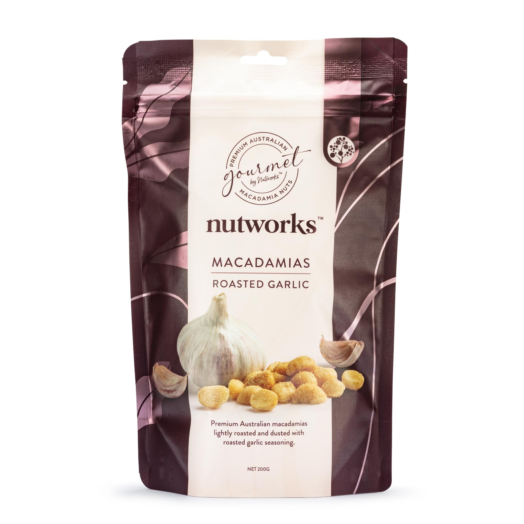 Premium macadamia roasted garlic 200g bag  from Nutworks