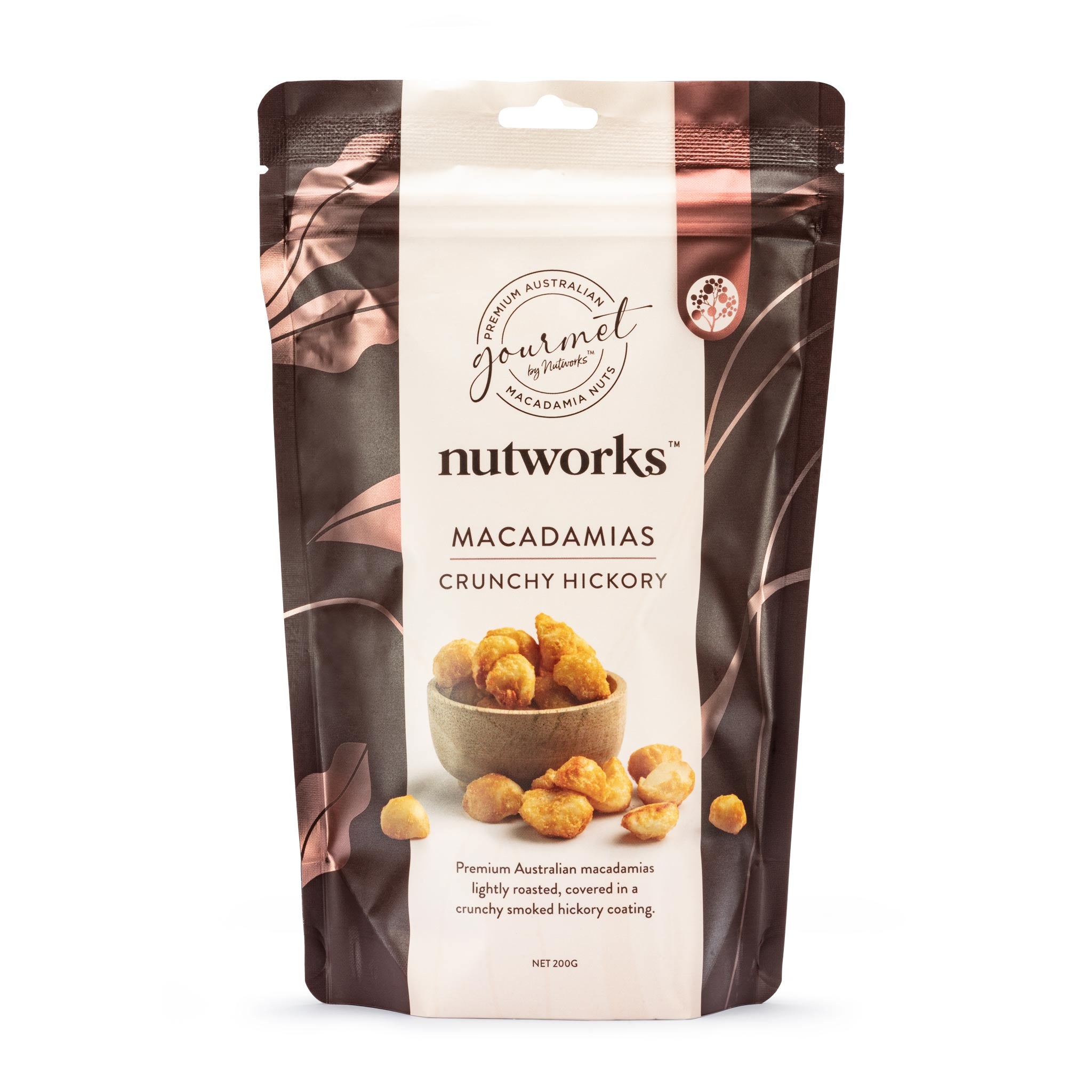 Macadamias Crunchy Hickory flavour 200g bag in a stand-up pouch with product images from Nutworks.