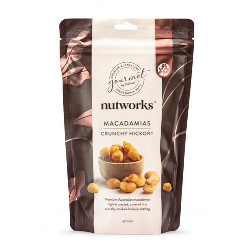 Macadamias Crunchy Hickory flavour 200g bag in a stand-up pouch with product images from Nutworks.