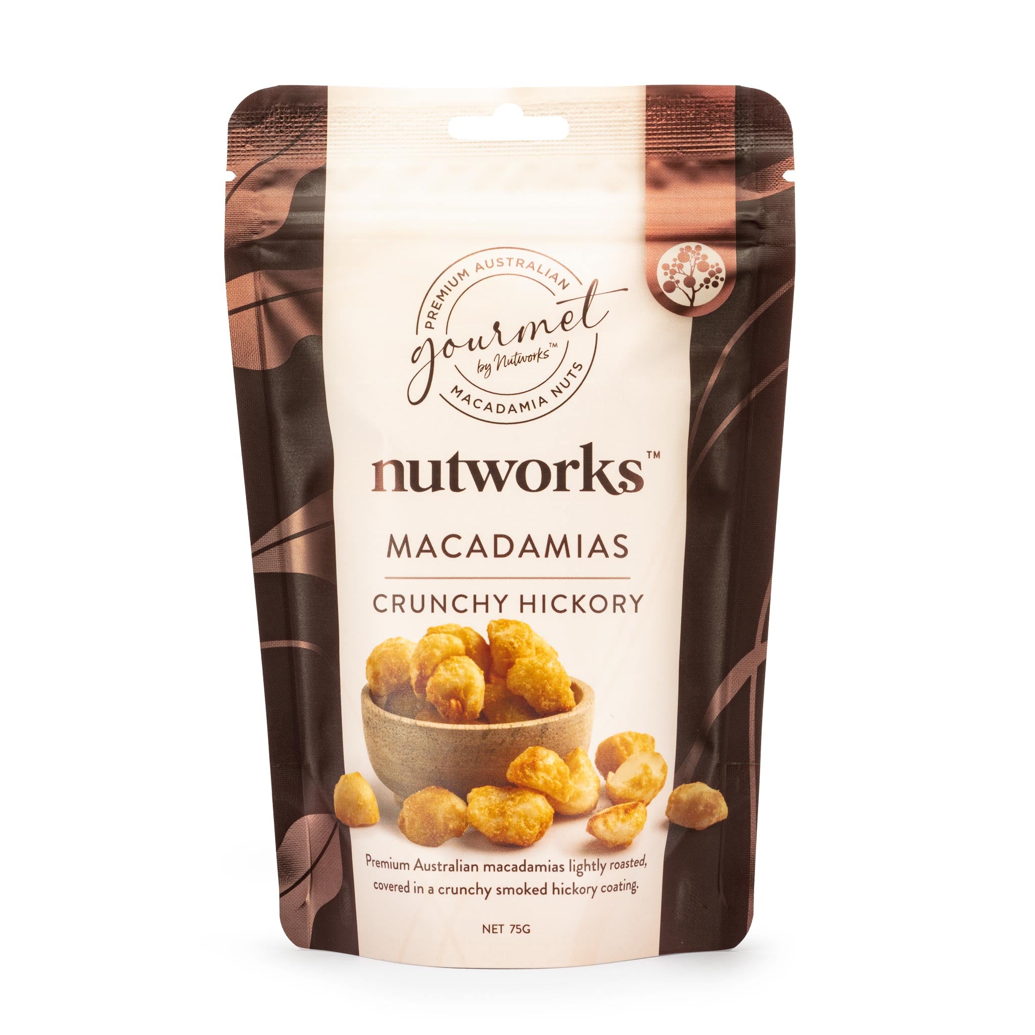 Macadamias Crunchy Hickory flavour 75g bag in a stand-up pouch with product images from Nutworks.