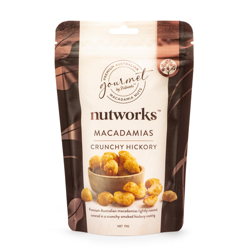 Macadamias Crunchy Hickory flavour 75g bag in a stand-up pouch with product images from Nutworks.