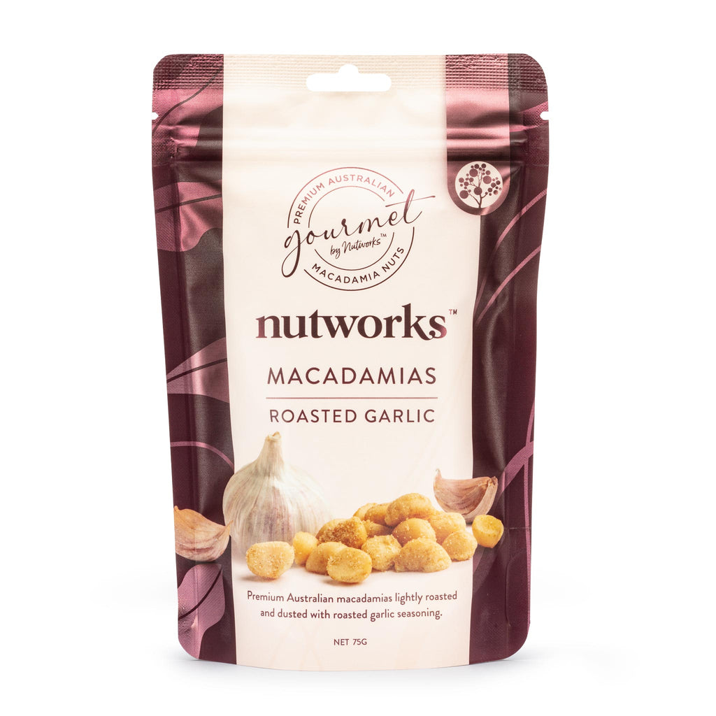 Packaging of Gourmet Nutworks Macadamias with roasted garlic, displaying the product and its name.