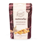 Packaging of Gourmet Nutworks Macadamias with roasted garlic, displaying the product and its name.