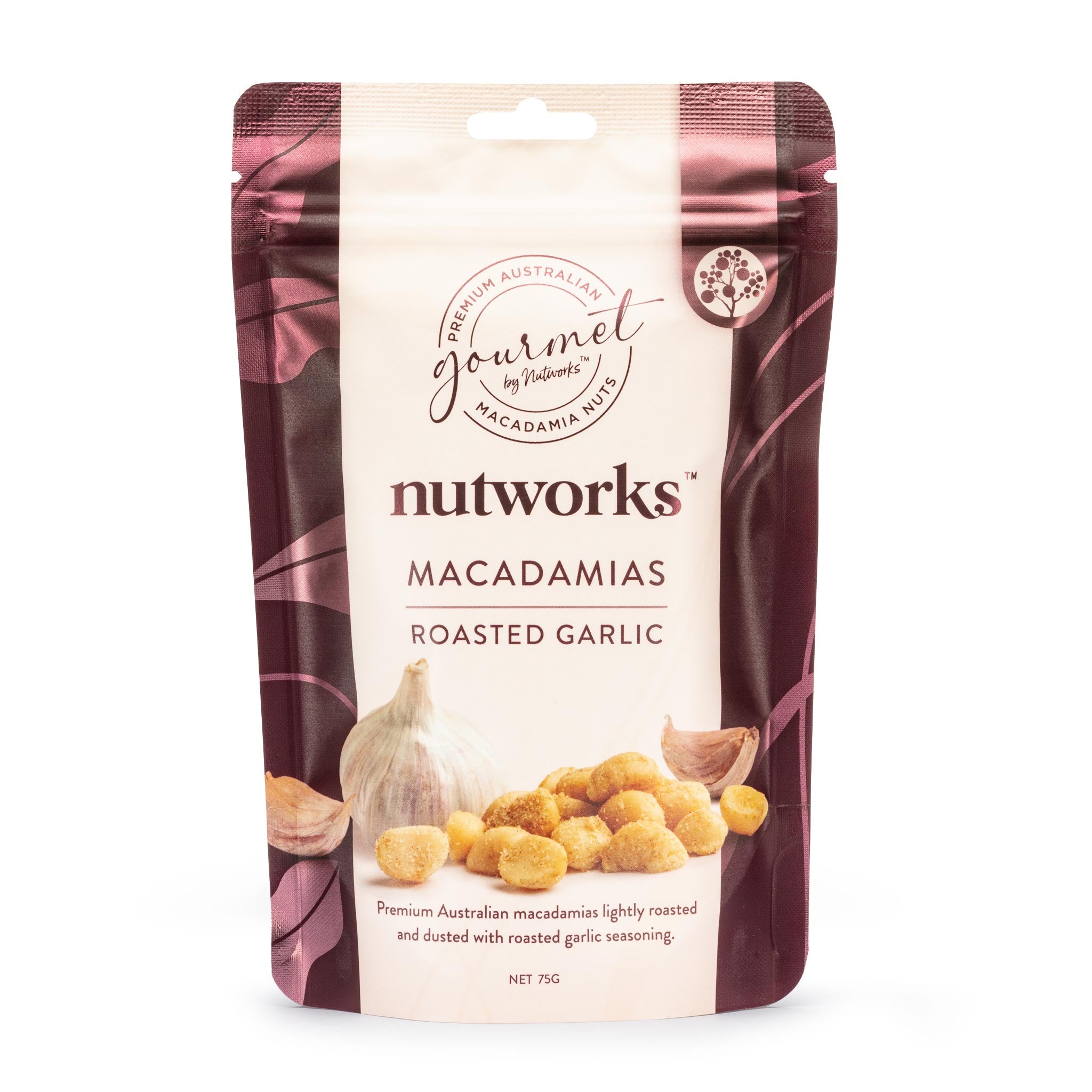 Packaging of Gourmet Nutworks Macadamias with roasted garlic, displaying the product and its name.