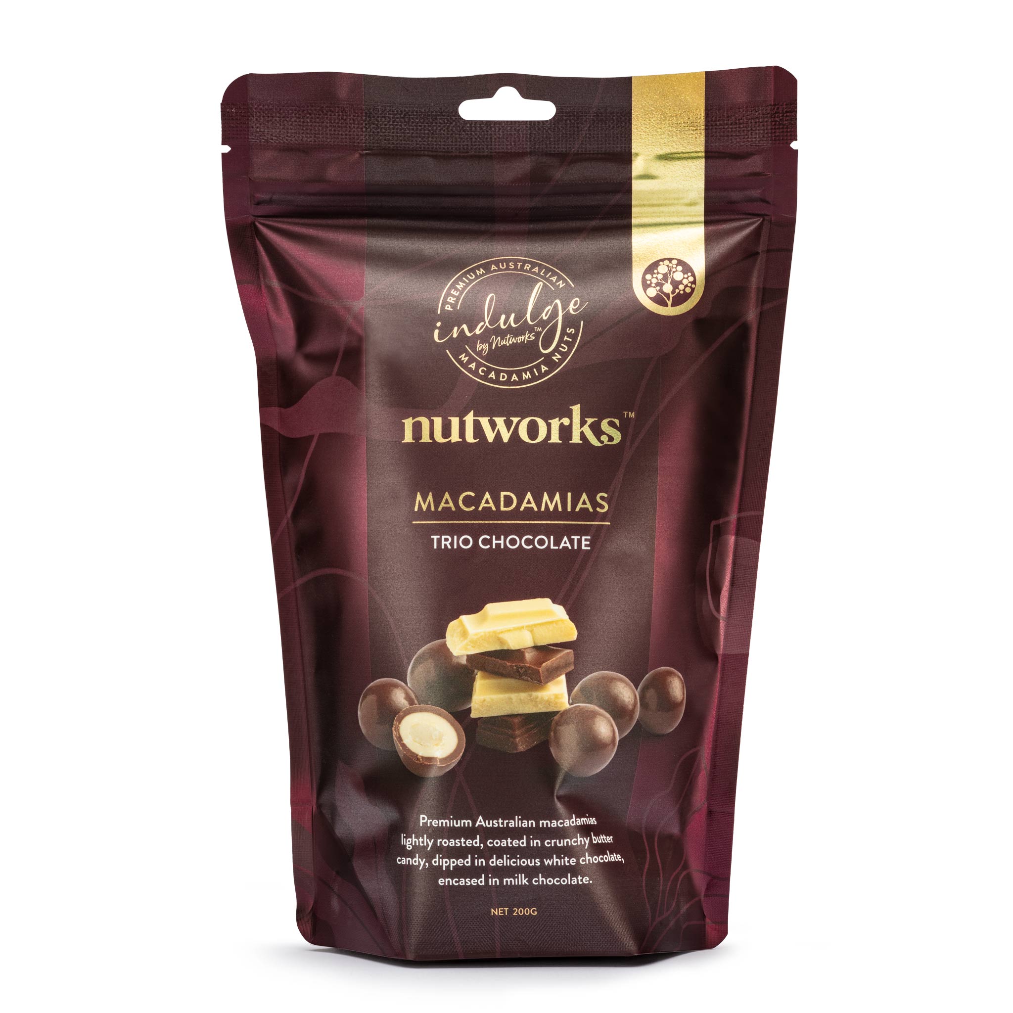 200g Nutworks Trio Milk and White Chocolate Covered Macadamia Nuts Premium Packaging Bag
