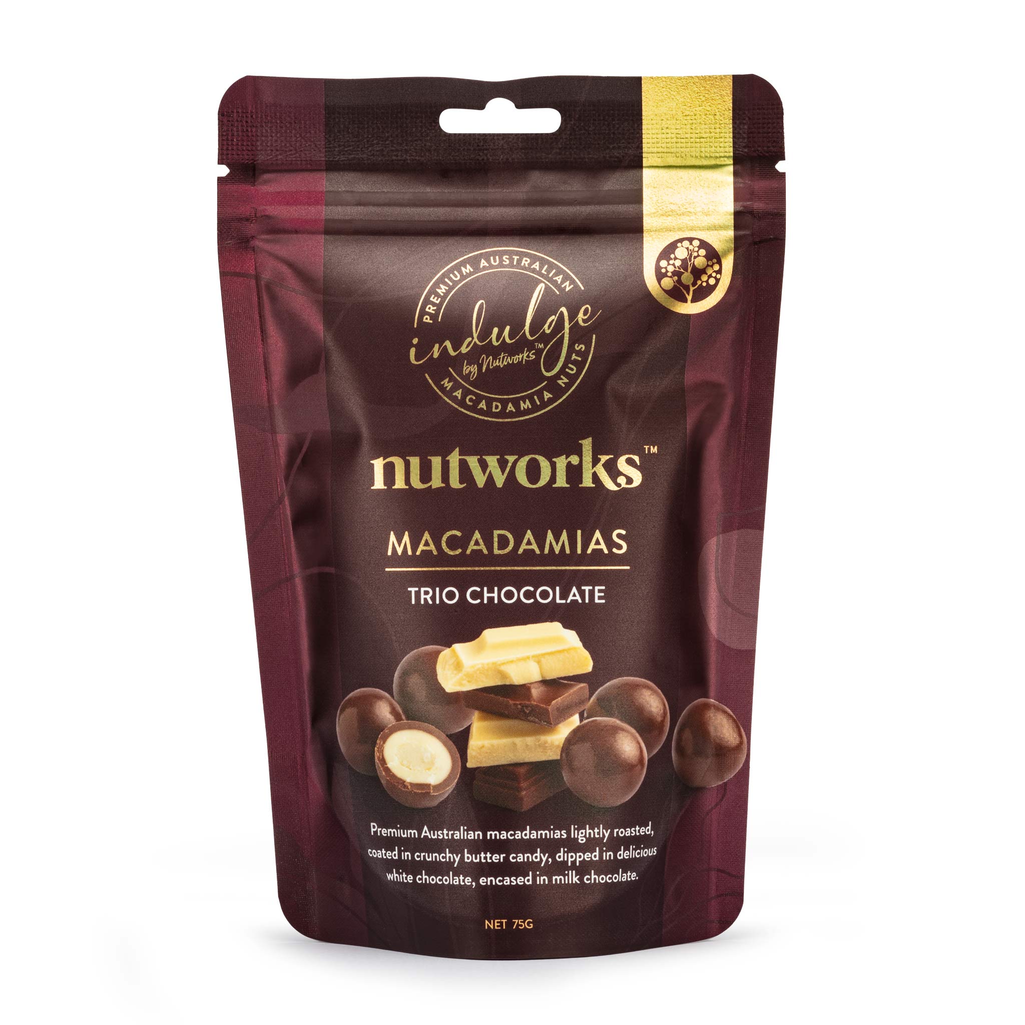 75g Nutworks Trio Milk and White Chocolate Covered Macadamia Nuts Premium Packaging Bag