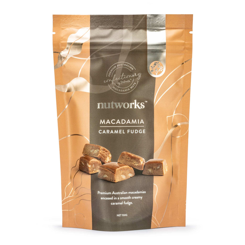 150g Packaging of Nutworks Macadamia Caramel Fudge showing the product name and images of the fudge with caramel and macadamia nuts.