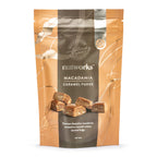 150g Packaging of Nutworks Macadamia Caramel Fudge showing the product name and images of the fudge with caramel and macadamia nuts.