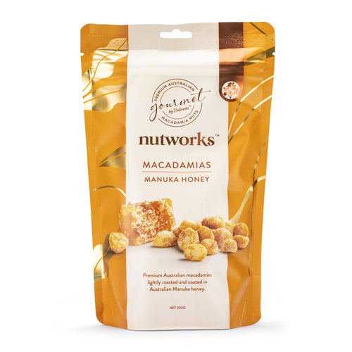 Premium Australian Macadamias, 200g bag, coated with Manuka honey from Nutworks.