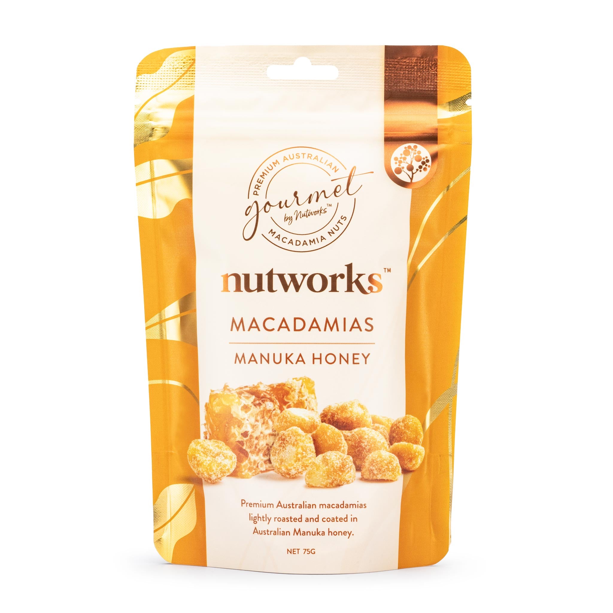 Premium Australian Macadamias, 75g bag, coated with Manuka honey from Nutworks.