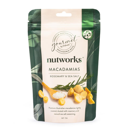 Premium Australian Rosemary & Sea Salt Macadamias 200g bag showing the nuts, from Nutworks.