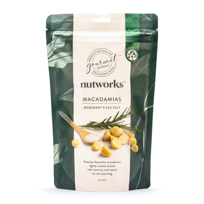 Premium Australian Rosemary & Sea Salt Macadamias 200g bag showing the nuts, from Nutworks.