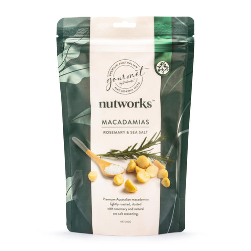 Premium Australian Rosemary & Sea Salt Macadamias 200g bag showing the nuts, from Nutworks.