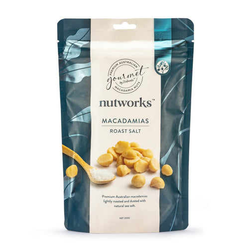 Premium Australian Roast Salt Macadamias 200g bag showing the product name and image from Nutworks.