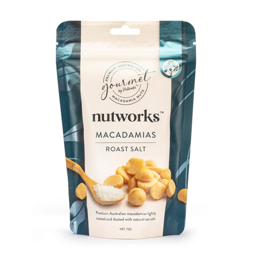 Premium Australian Roast Salt Macadamias 75g bag showing the product name and image from Nutworks.